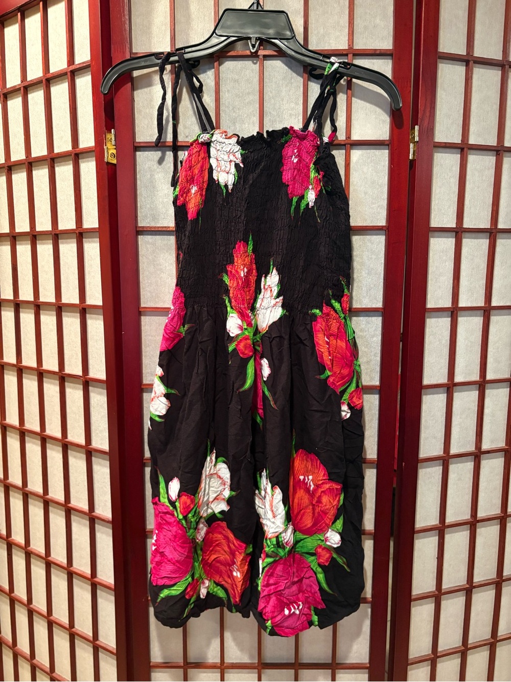 Black Floral Tie-Shoulder Mini Dress - Pink & Red Bloom